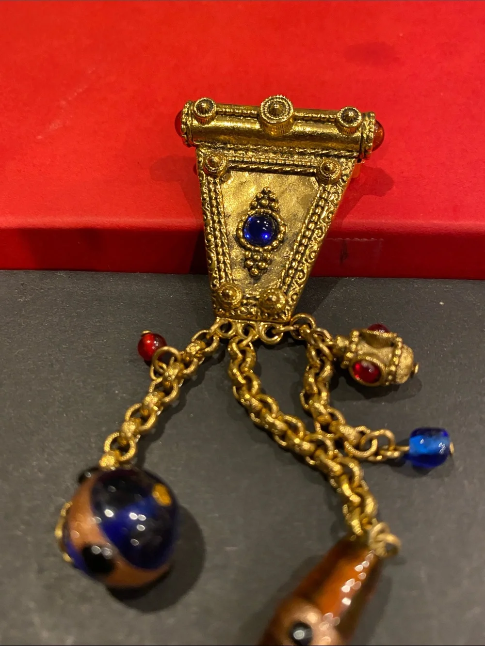 1928 Brand Vintage-Inspired Gold Tone Blue & Red Dangle Art Glass Brooch